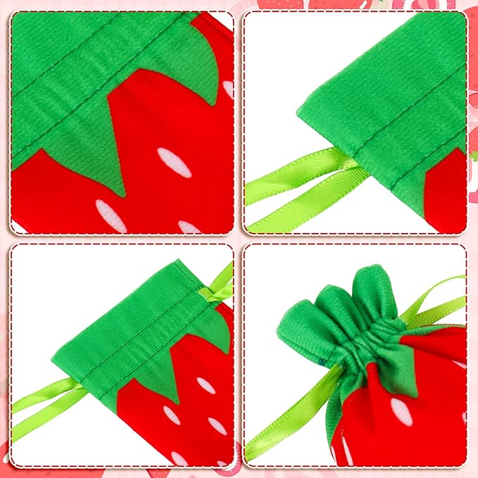 Whaline 12Pcs Strawberry Shaped Treat Bags Red Green Strawberry Drawstring Bags Cute Fruit-Themed Gift Pouches for Item Storage Jewelry Packaging