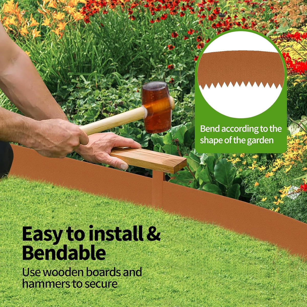 Steel Landscape Edging 6-Pack 40" L x 6" H Strips Steel Garden Bed Metal Borders Hammer-in 40 Gauge Edging Border with 6 Clips Bendable Metal Edge for Garden Yard Park Lawn(Brown, 20Ft)
