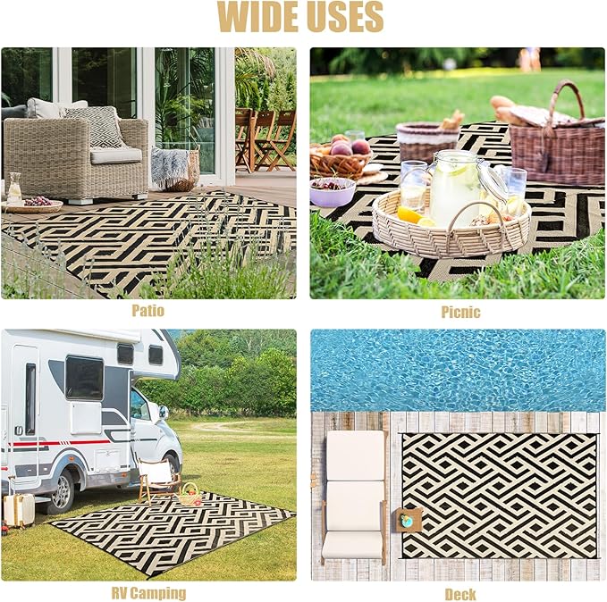 Terrug Outdoor Rug Waterproof 6x9 Ft, Foldable Outdoor Plastic Straw Rug, UV Reversible Patio Rug Decor, Outdoor Area Rug for Camping, RV, Porch, Deck, Backyard, Balcony, Picnic, Black & Beige