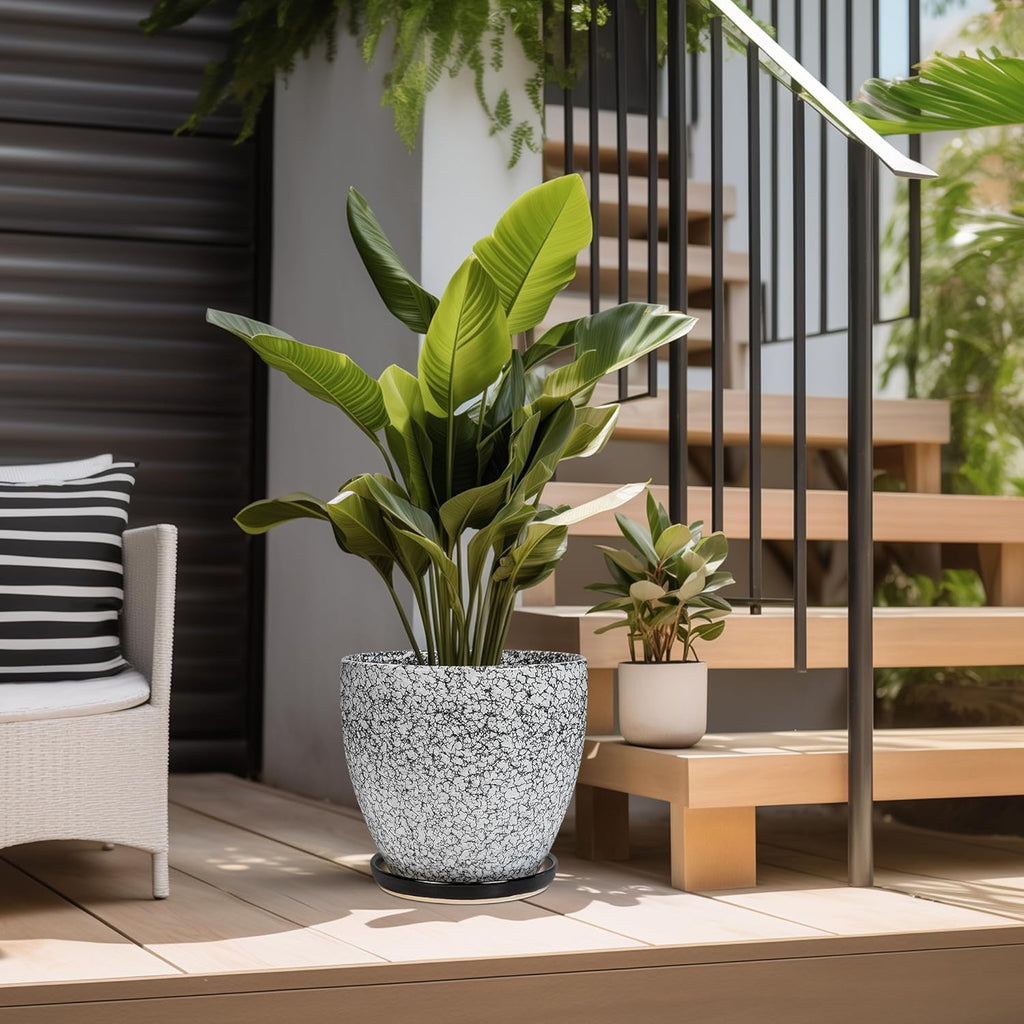 10 Inch Plant Pot - Ceramic Planter for Indoor Outdoor, Round Large Plant Pots, Modern Planter with Drainage Hole and Tray, Home Room Office Garden Decor, Gifts for Women Men, White-Black