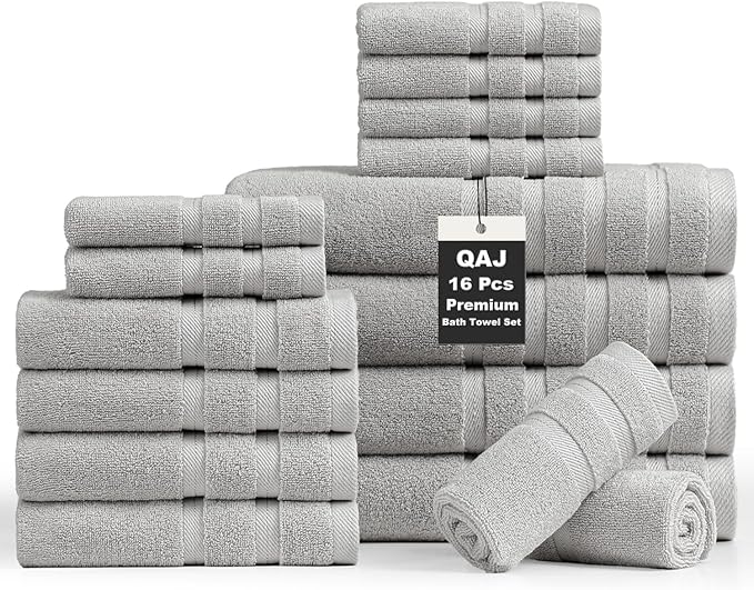 16-Piece Bath Towels Set, 100% Cotton Thick Soft Highly Absorbent Durable, Quick Dry, Bathroom Towels Set (4 Bath Towels, 4 Hand Towels, 8 Washcloths) - Perfect for Daily Use
