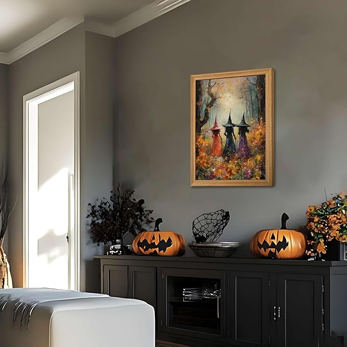 Framed Vintage Halloween Witch Wall Art – Halloween 3D Texture Witches Pictures Fall Decor for Living Room, Mysterious Forest Witchy Sandstone Aesthetic Art Prints for Bedroom Kids Room – 12x16in