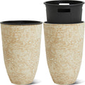 WORTH Garden 2-Pack 21" H. Beige Tall Planters with Inside Pots - 14'' Dia Plastic Large Round Plant Tree Pots - Decorative Imitation Stone Finish for Indoor Outdoor Front Porch Container Patio