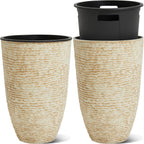 WORTH Garden 2-Pack 21" H. Beige Tall Planters with Inside Pots - 14'' Dia Plastic Large Round Plant Tree Pots - Decorative Imitation Stone Finish for Indoor Outdoor Front Porch Container Patio