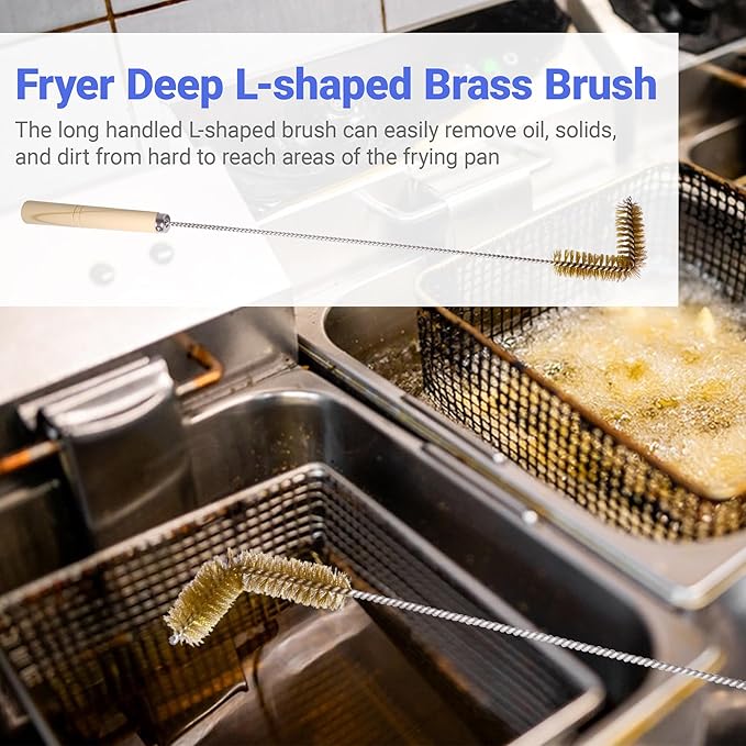 4 PCS Fryer Cleaning Tools with Deep Fryer Brass L-Shaped Brush, Deep Fryer Crumb Scoop, Deep Fryer Cleanout Rod, Long Handle Deep Basket Brush for Restaurants, Air Fryers, Deep Fat Fryers