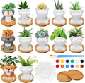 Hushee 12 Sets Ceramic Succulent Planters Paintable Succulent Plant Pots Small DIY Figurines Unpainted Pots with Drainage Hole Color Paints Paintbrushes Palettes