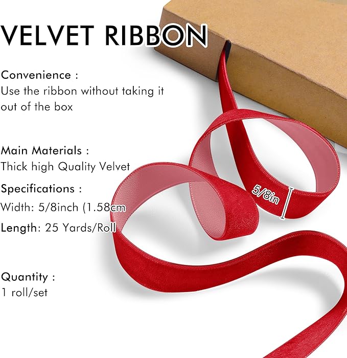 Red Velvet Ribbon 5/8'' 25 Yards for Christmas Tree, Gift Wrapping, Flower Bouquet, Wreath Decorations, Bow Making