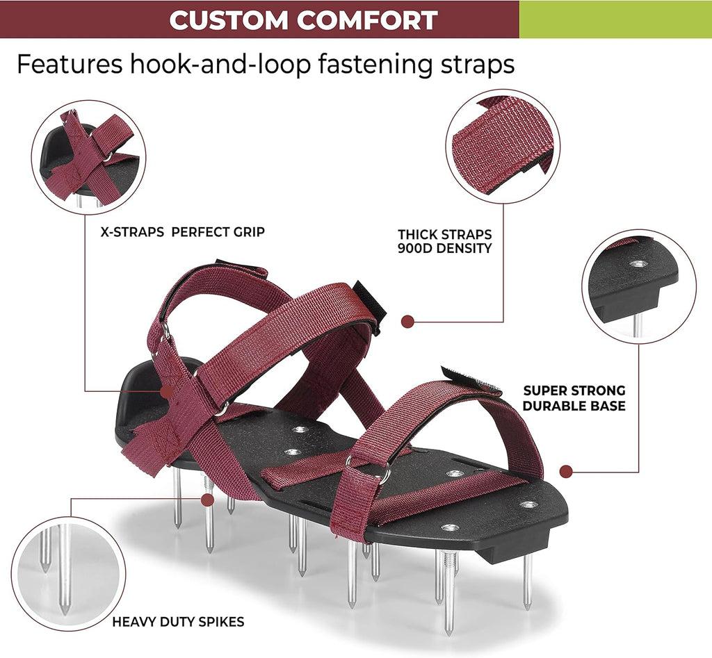 Lawn Aerator Shoes with Hook-and-Loop Straps, Pre-Assembled, Fully Adjustable, One-Size-Fits-All – Lawn and Garden Tool Reduces Thatch, Revives Soil Health (Maroon)