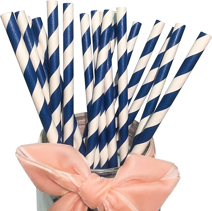Navy Blue Striped Paper Drinking Straws, Disposable Swirl Retro Navy Stripes Straws for Lemonade, Water and Juice, Anchor Nautical Party Decorations
