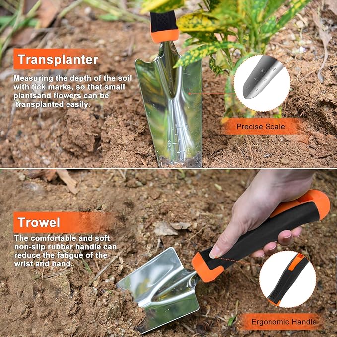 Garden Tools Set, Carsolt 10 Piece Stainless Steel Heavy Duty Gardening Tools Set for Planting Pruning Gardening Kit with Durable Gardening Bag Gloves Gift Box Ideal Garden Gifts for Women Men(Orange)