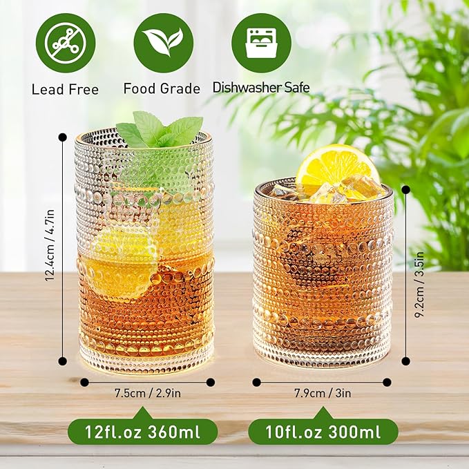Vintage Hobnail Drinking Glasses Set of 12, 12 oz Highball Glasses & 10 oz Cocktail Glasses, Embossed Glass Cups, Clear Water Glasses Kitchen Bar Glassware Set for Beer, Juice, Cocktail, Whiskey