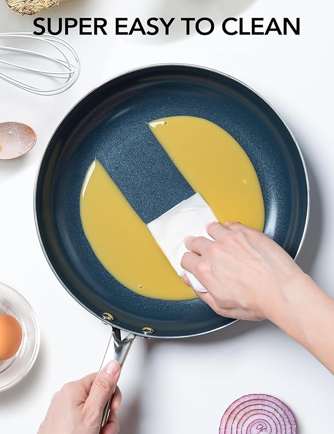 MICHELANGELO Small Frying Pan - 8 Inch Nonstick Frying Pan with Lid, Non-Toxic Omelette Pan with Stainless Handle, Nonstick Skillet, Blue-Ceramic