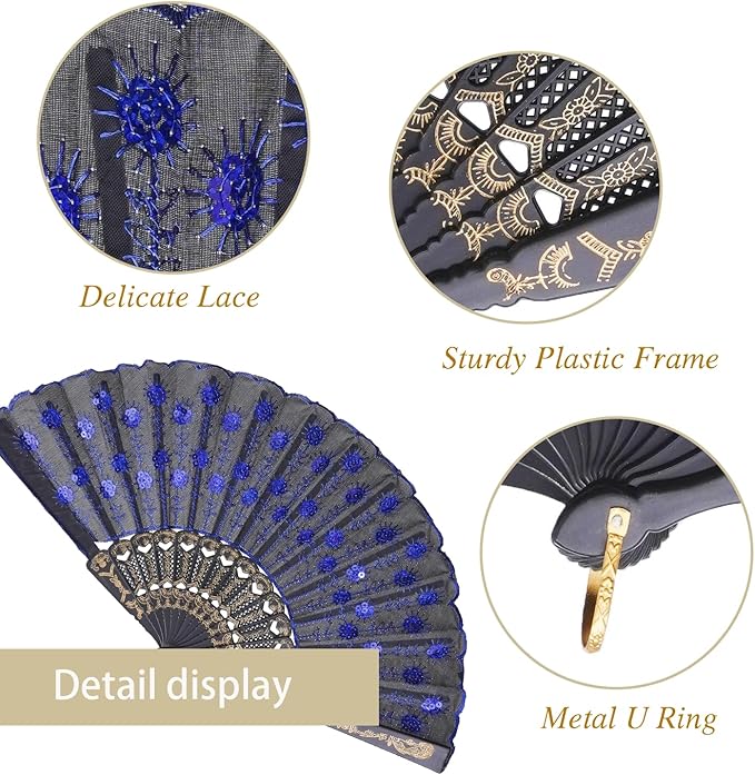 QIRMIZI 10 Pack Fabric Folding Handheld Fans, Perfect for Weddings, Parties, and Dancing,Royal Blue