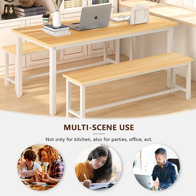 AWQM Dining Table Set with Two Benches, Kitchen Table Set for 4-6 Persons, Kitchen Table of 47.2 x 28.7 x 28.7 Inches, Bench of 41.3 x 11.8 x 17.7 Inches Each, Oak