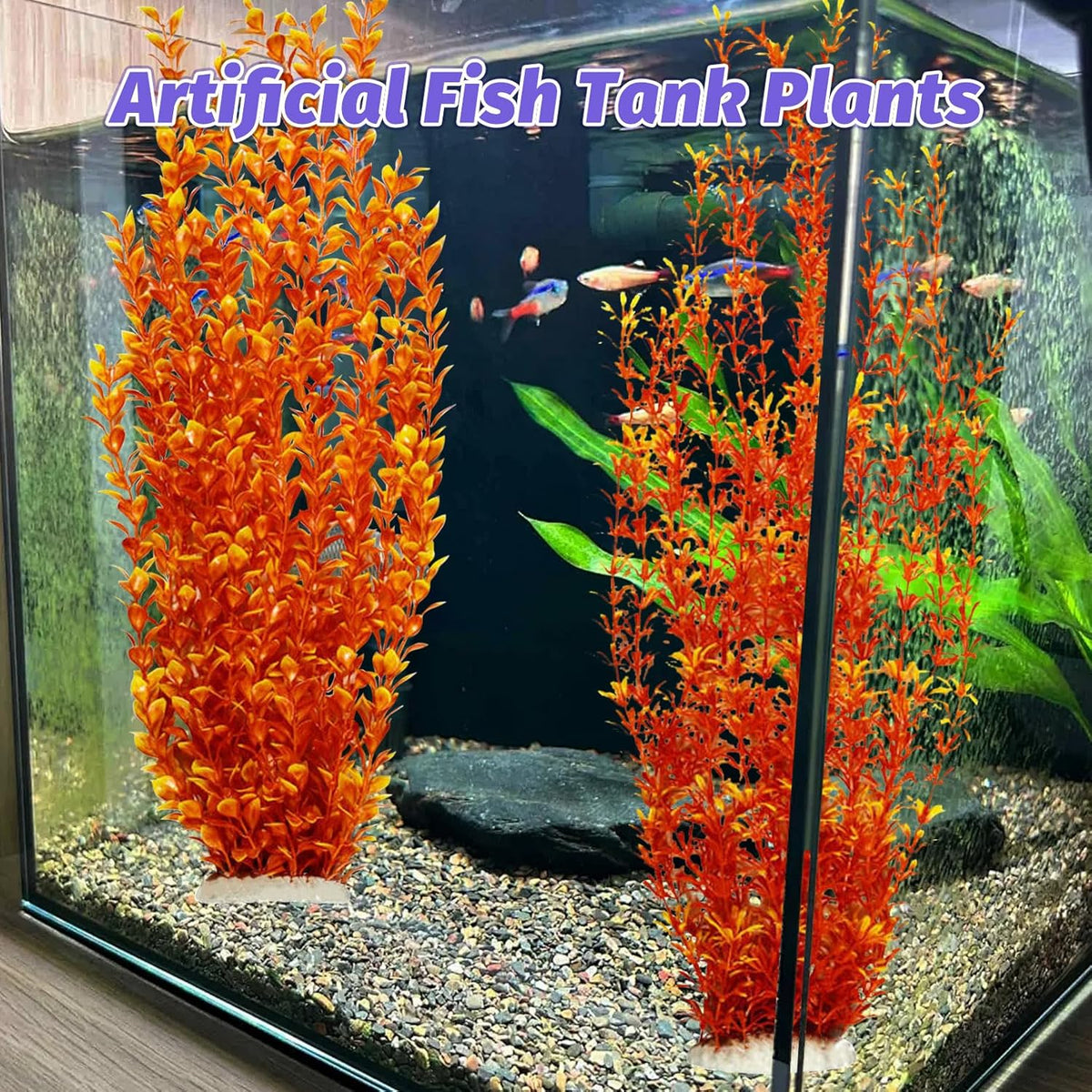 Hamiledyi Aquarium Plastic Plants Aquarium Decor Artificial Fish Tank Plants,Tall Fish Tank Decorations, Extra Large Aquarium Plant 23.6-inch Tall,2PCS（Orange Style A）