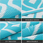 Pauwer Waterproof Outdoor Rug 9x12, Reversible Plastic Straw Patio Camping Rug, Indoor Outdoor RV Mat Carpet for Deck, Camper, Porch, Balcony, Backyard, Picnic, Geometric Teal
