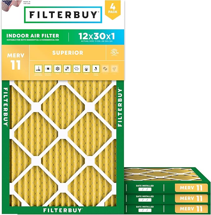 Filterbuy 12x30x1 Air Filter MERV 11 Superior Pet & Allergy Defense (4-Pack), Electrostatic Pleated HVAC AC Furnace Filters Replacement, Made in USA (Actual Size: 11.88 x 29.88 x 0.75)