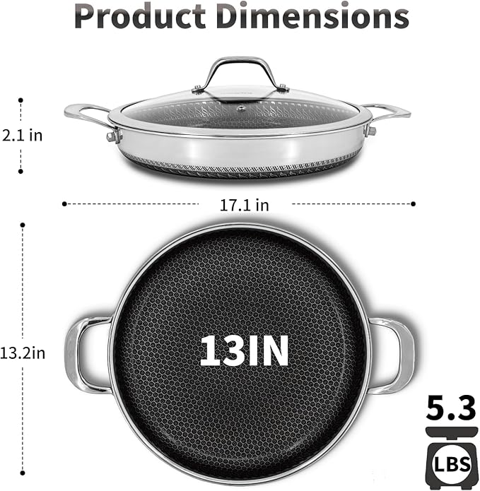 Hybrid Nonstick Skillet with Lid 13 Inch, Stainless Steel Paella Pan with Two Handles Multi-Functional Pan Dishwasher and Oven Safe