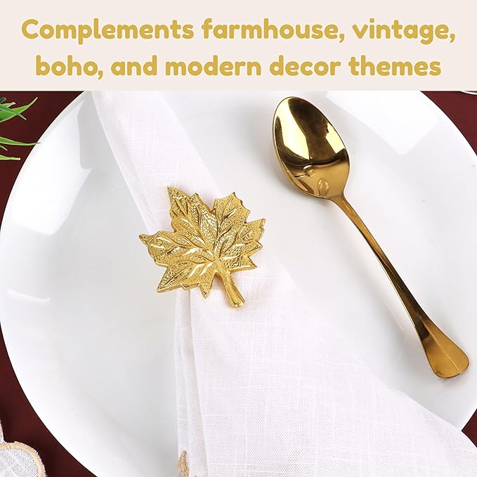 Set of 12 Maple Leaf Napkin Rings - Handcrafted Aluminum Napkin Holders for Cloth & Paper Napkins, Elegant Table Décor for Wedding Receptions Thanksgiving Christmas Holiday Parties (Gold) CLEENTABLE