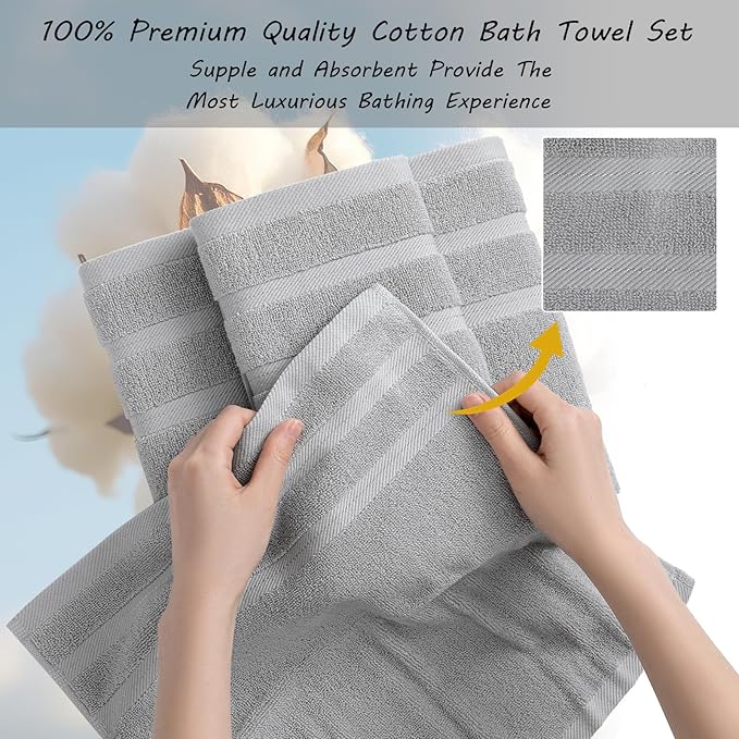 16-Piece Bath Towels Set, 100% Cotton Thick Soft Highly Absorbent Durable, Quick Dry, Bathroom Towels Set (4 Bath Towels, 4 Hand Towels, 8 Washcloths) - Perfect for Daily Use