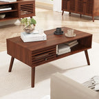Coffee Table, Mid Century Modern Table with Storage, Living Room Center Table with Slatted Panel Drawer, Fluted Wood Coffee Table with Open Shelf for Living Room, Walnut