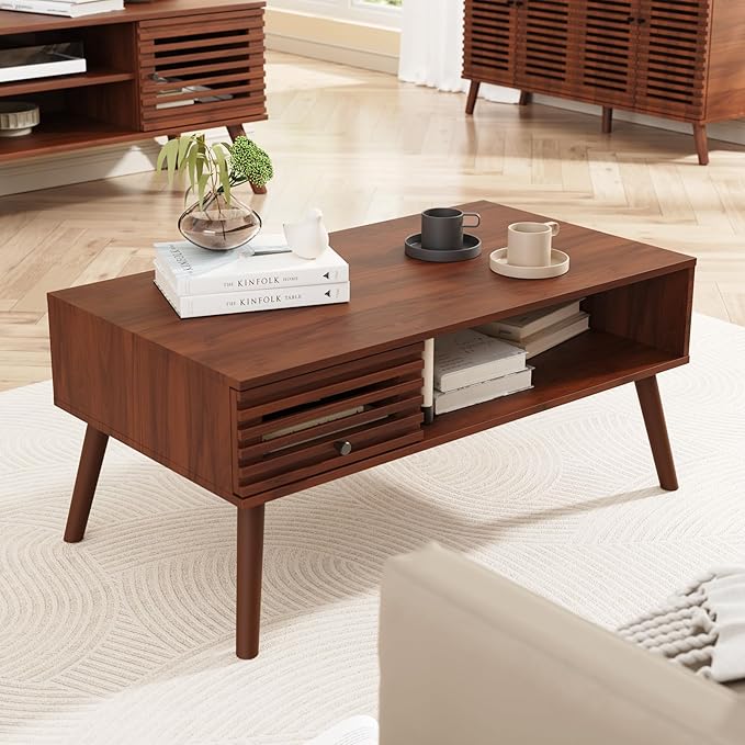 Coffee Table, Mid Century Modern Table with Storage, Living Room Center Table with Slatted Panel Drawer, Fluted Wood Coffee Table with Open Shelf for Living Room, Walnut