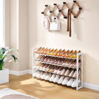 FAVOOSTY 4-Tier Expandable Shoe Rack, Adjustable Shoe Shelf Storage Organizer Space Saving Metal Free Standing Shoe Rack for Entryway Closet Doorway, White