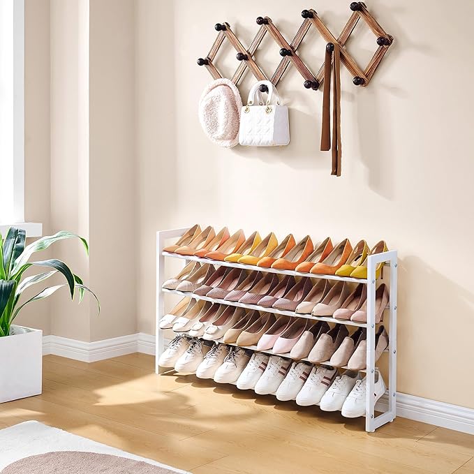 FAVOOSTY 4-Tier Expandable Shoe Rack, Adjustable Shoe Shelf Storage Organizer Space Saving Metal Free Standing Shoe Rack for Entryway Closet Doorway, White