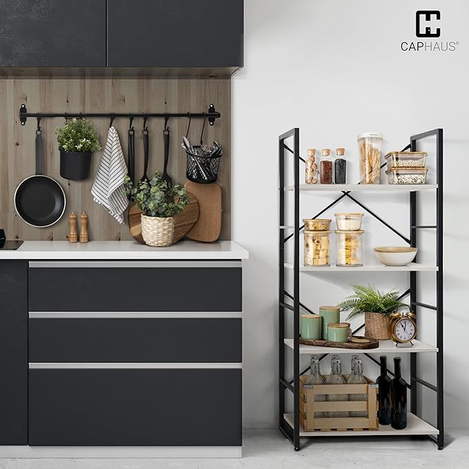 CAPHAUS 4 Tier Bookshelf, 24 Inch Width Free Standing Shelf, Bookcase Shelf Storage Organizer, Industrial Book Shelves for Home Office, Living Room, Kitchen, White Shelves & Metal Frame