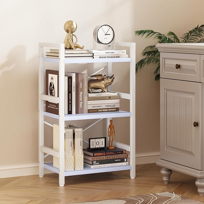 Homeiju Bookshelf, 3 Tier Industrial Bookcase, Metal Small Bookcase, Rustic Etagere Book Shelf Storage Organizer for Living Room, Bedroom, and Home Office(Blue) Patent Pending D29873033