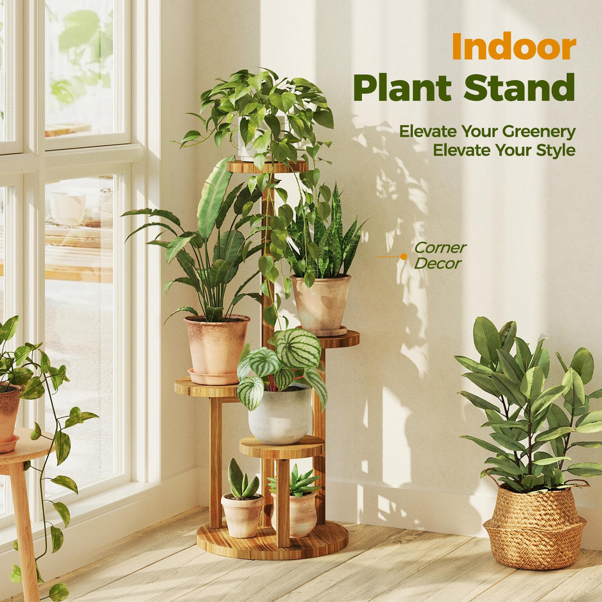 Bamworld Plant Stand Indoor Wood Plant Shelf 4 Tier Brown