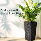 Worth Garden 2-Pack Black Tall Planter - Plastic Square Tapered Tree Plant Pots for Indoor Outdoor - 22" H - Modern Wavy Finish Decorative Flower Pots for Front Porch Containers Patio Deck