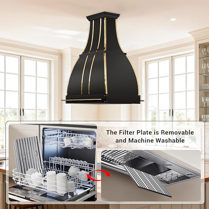CHETTO C Stainless Steel Range Hood Cover with 4-Speed Vent Hood Insert Custom Handmade Metal Kitchen Fan with Towel Rack LED Light 60"W x27"D x18"H Black Island Mount
