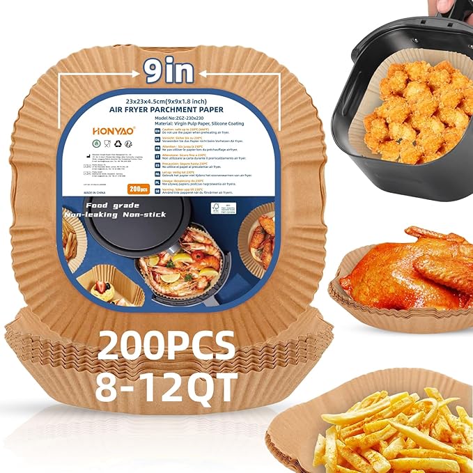 Air Fryer Paper Liners XXL for 8-12 Qt Airfryer, 200pcs 9-10 inch Square Thickened 50gsm Disposable Parchment Tray