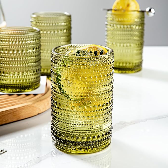 Set of 8 Hobnail Drinking Glasses Vintage Green Glassware - 4 Highball Glasses 14 oz, 4 Rocks Glass Cup 11 oz, Embossed Old Fashioned Glassware for Water, Wine, Beer, Juice, Mixed Drinkware