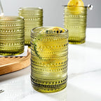 Set of 8 Hobnail Drinking Glasses Vintage Green Glassware - 4 Highball Glasses 14 oz, 4 Rocks Glass Cup 11 oz, Embossed Old Fashioned Glassware for Water, Wine, Beer, Juice, Mixed Drinkware