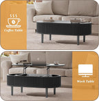 EAG Fluted Lift Top Coffee Table with Hidden Compartment, Modern Oval Coffee Table with Storage, Fully Wood Center Table for Living Room, Office, Black