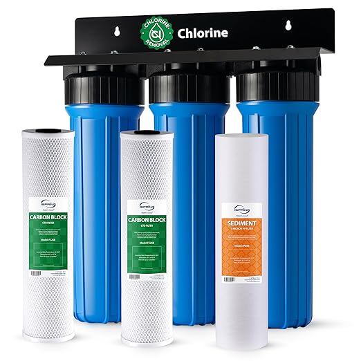 iSpring Whole House Water Filter System, Highly Reduces Sediment, Taste, Odor, and up to 99% Chlorine, 3-Stage w/ 20-Inch Sediment and Carbon Block Filters, Model: WGB32B, 1" Inlet/Outlet
