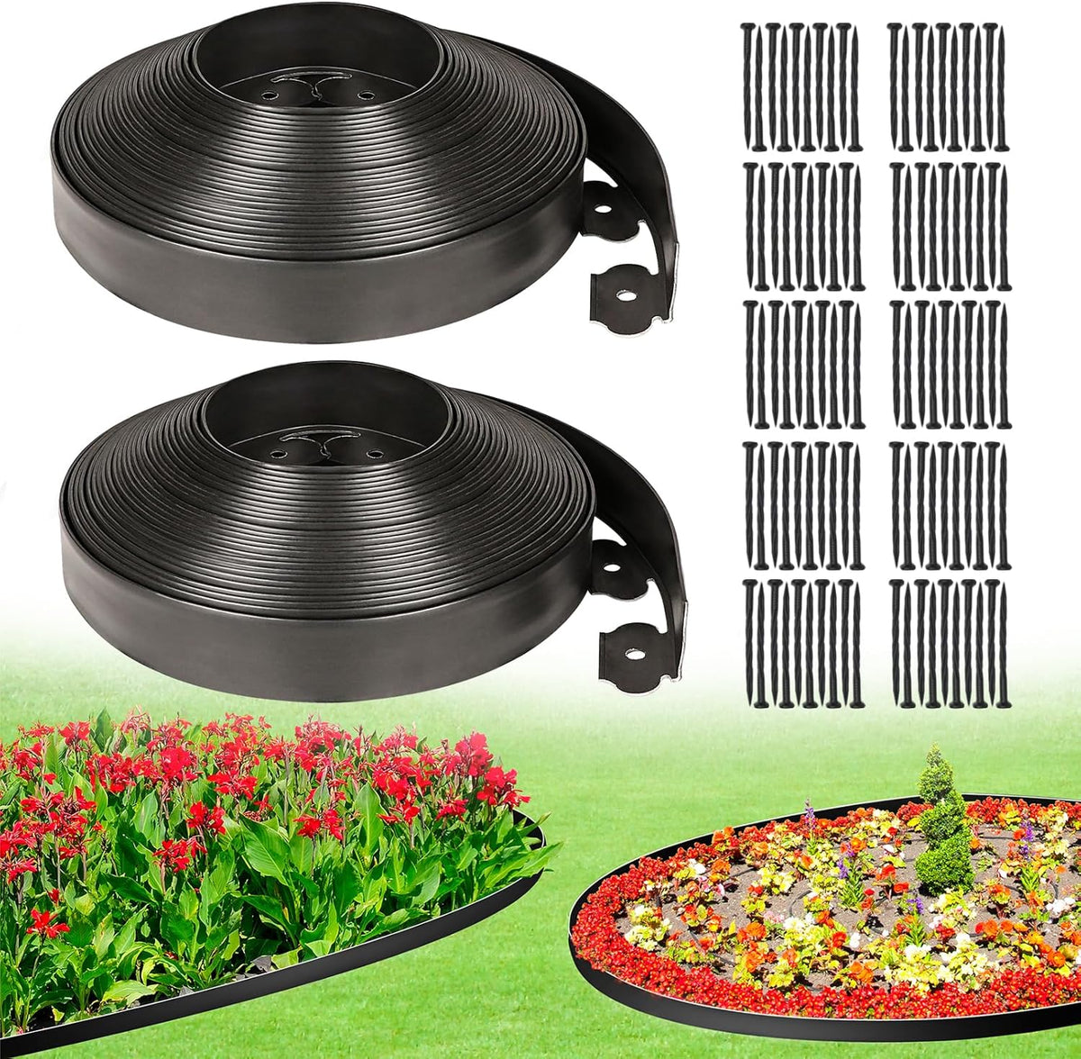 JERIA 2 Inch Tall 100 FT Garden Edging Kit with 120pcs Spikes, Plastic Edging for Landscaping