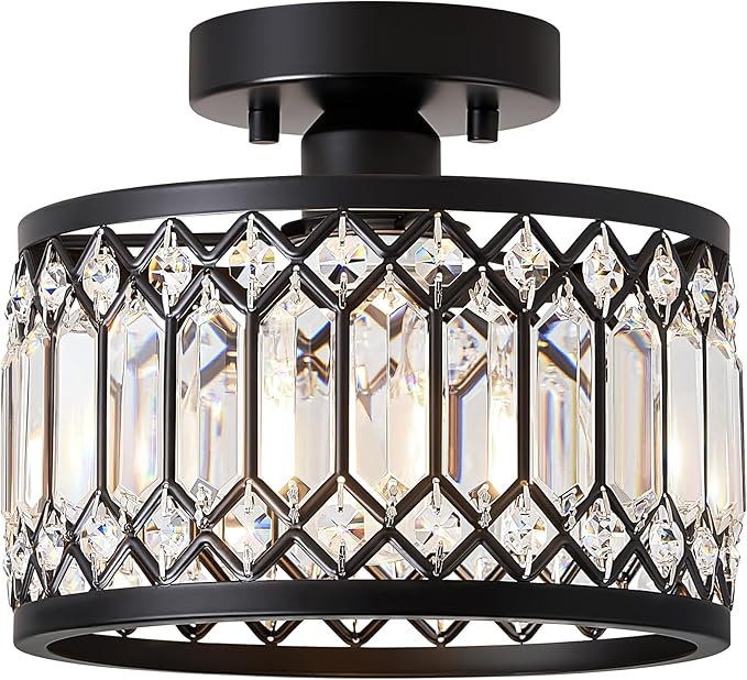 Crystal Black Ceiling Light, Modern Semi Flush Mount Ceiling Lighting Fixture, Round Hallway Lighting Fixtures for Kitchen Entryway Bedroom Laundry Room, 1-Light, 9 Inch
