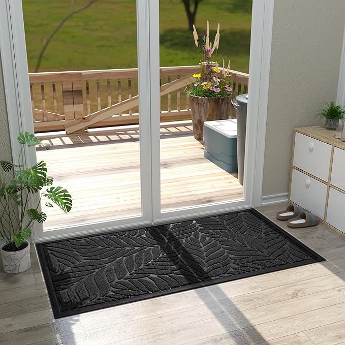 Yimobra Front Door Mat Outdoor Indoor, 47x24 All-Season Waterproof Welcome Mat, All-Weather Outside Entrance Mat, Non-Slip Patio Porch Doormat, Low Profile, Fade Resistant, Black