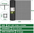 HOPERAN Black Hardware Cloth 1/2 inch 36 x 50 Ft Mesh 19 Gauge PVC Coated Chicken Wire - Vinyl + Galvanized Double Coated Fence - Welded Wire Mesh Roll for Chicken Coop Fencing Garden Fencing