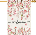 Baccessor Spring Summer Welcome House Flag 28 x 40 Inch Double Sided Burlap Pink Floral Cherry Blossom Green Leaf Farmhouse Large Yard Flag Summer Holiday Seasonal Outdoor Outside Decoration
