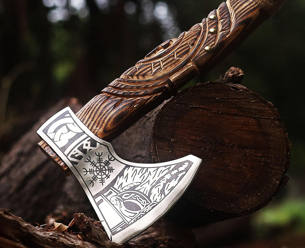 Wazir Crafts Viking Axe |Carbon Steel Engraved Blade with 18″ Wooden Handle & Leather Sheath | Collectible Norse Design Hatchet for Camping & Gifting (WCA-014)