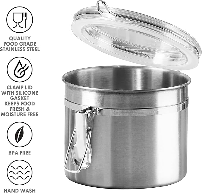 OGGI Stainless Steel Kitchen Canister 26 fl oz - Airtight Clamp Lid, Clear See-Thru Top - Ideal for Kitchen Storage, Food Storage, Pantry Storage. Size 5" x 3.5".