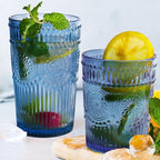 12pcs Vintage Drinking Glasses Set, 12 oz Highball Glasses & 9 oz Embossed Ribbed Glassware Cups for Cocktail, Water, Juice, Coffee, Whiskey (Blue)