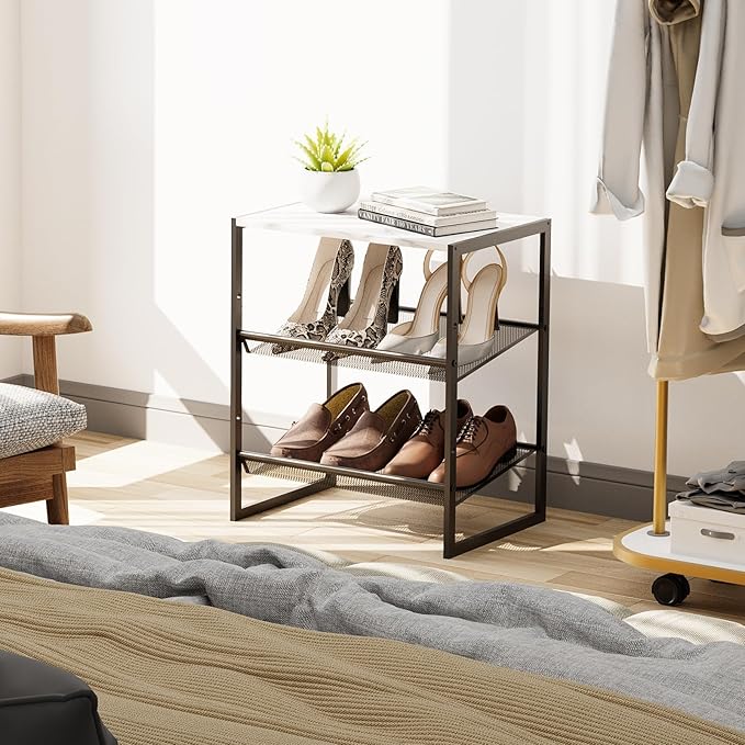 Garden 4 you 3 Tiers Narrow Shoe Rack,Small Space Freestanding Shoe Storage Organizer with White Wooden Tabletop,Adjustable Metal Shelf Stackable Shoe Shelf for Entryway Hallway Living Room Closet