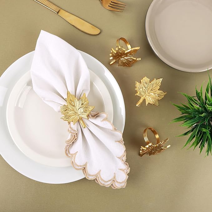 Set of 12 Maple Leaf Napkin Rings - Handcrafted Aluminum Napkin Holders for Cloth & Paper Napkins, Elegant Table Décor for Wedding Receptions Thanksgiving Christmas Holiday Parties (Gold) CLEENTABLE