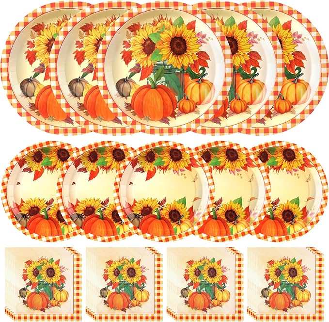 Sunflower Plates and Napkins Set for 50 Guests – Disposable Fall Party Supplies, Pumpkin Design for Sunflower Thanksgiving Party Decoration