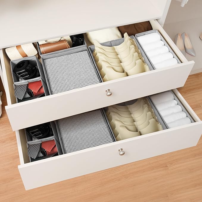 Cupic Cupid Drawer Organizer, Dresser Organizers, Foldabe Drawer Organizer Clothes, Closet Organization and Storage Dividers for Socks, Underwear and Diaper, Set of 12, Gray